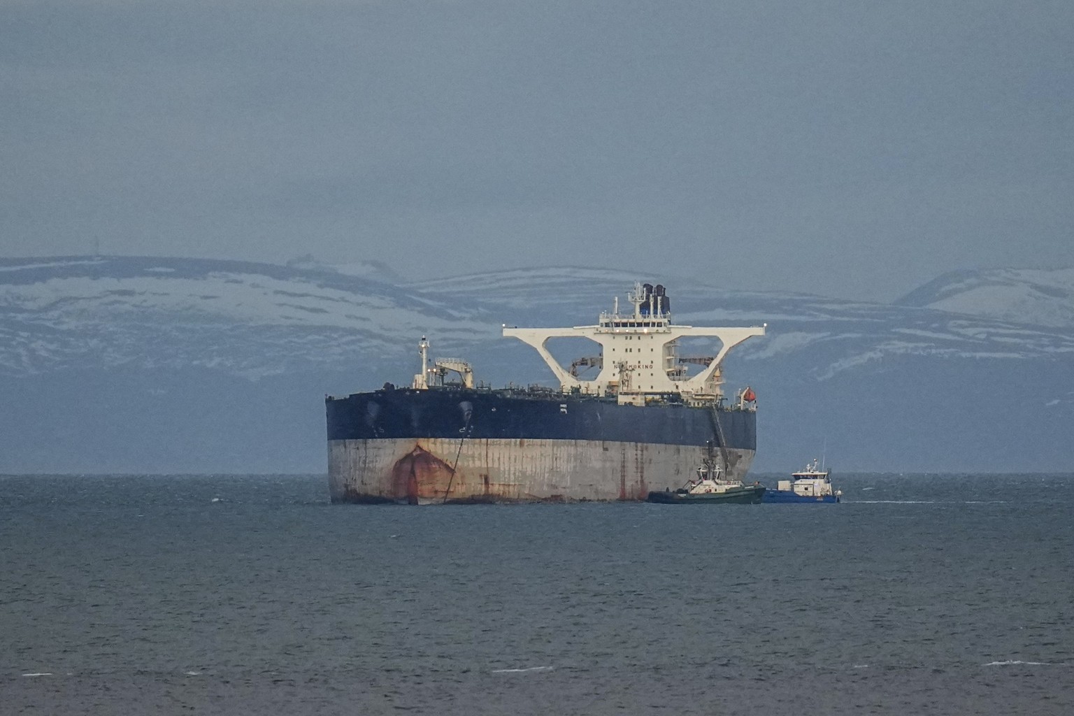 BURGHEAD, SCOTLAND - JANUARY 14: The Marinera oil tanker is seen on January 14, 2026 in Burghead, Scotland. The Marinera oil tanker, previously known as the Bella 1, has entered UK waters at the reque ...