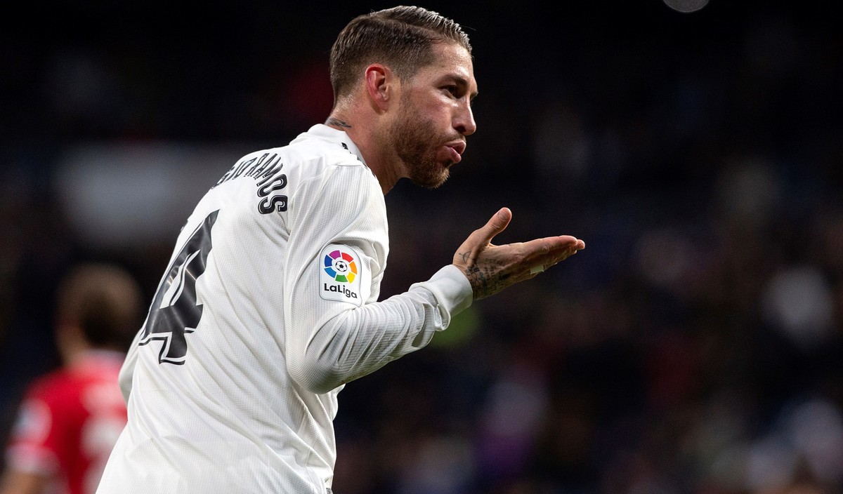 epa07316941 Real Madrid's defender Sergio Ramos celebrates after scoring his second goal during the Spain's King's Cup quarter final first leg match between Real Madrid and Girona at Sa ...