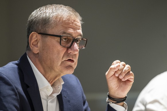 Marc Luethi, CEO, spricht an der Saison Medienkonferenz des SC Bern am Montag, 25. August 2025 in der Postfinance Arena in Bern. Am 9. September spielt der SCB sein erstes Spiel der Saison 2025/26 aus ...