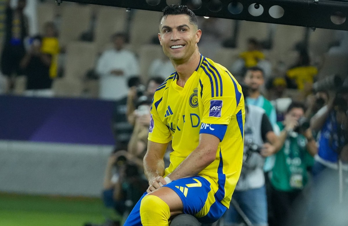 AFC Champions League Elite Jeddah, Saudi Arabia: April 26, AFC Champions League Elite Quarter Finals - Cristiano Ronaldo celebrates his goal in Yokohama F. Marinos vs Al Nassr at Prince Abdullah al-Fa ...