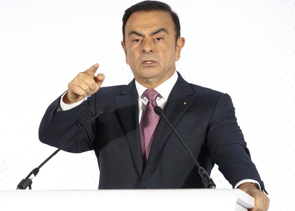 FILE - In this Feb. 12, 2015, file photo, Chairman and CEO of Renault-Nissan Carlos Ghosn addresses media during a press conference held in Paris. The board of French carmaker Renault SA plans to meet ...