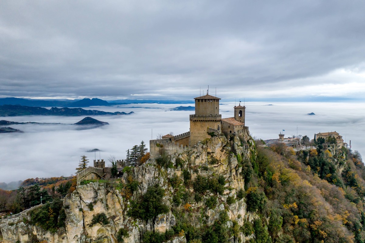 San Marino castle Guaita tower drone aerial view on a cloudy day San Marino, San Marino R_UGOUSD240711-1478568-01