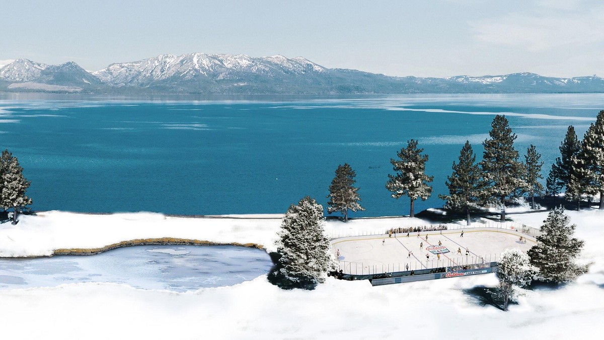 So ähnlich könnte ein NHL-Outdoorspiel ohne Zuschauer am Lake Tahoe aussehen.
