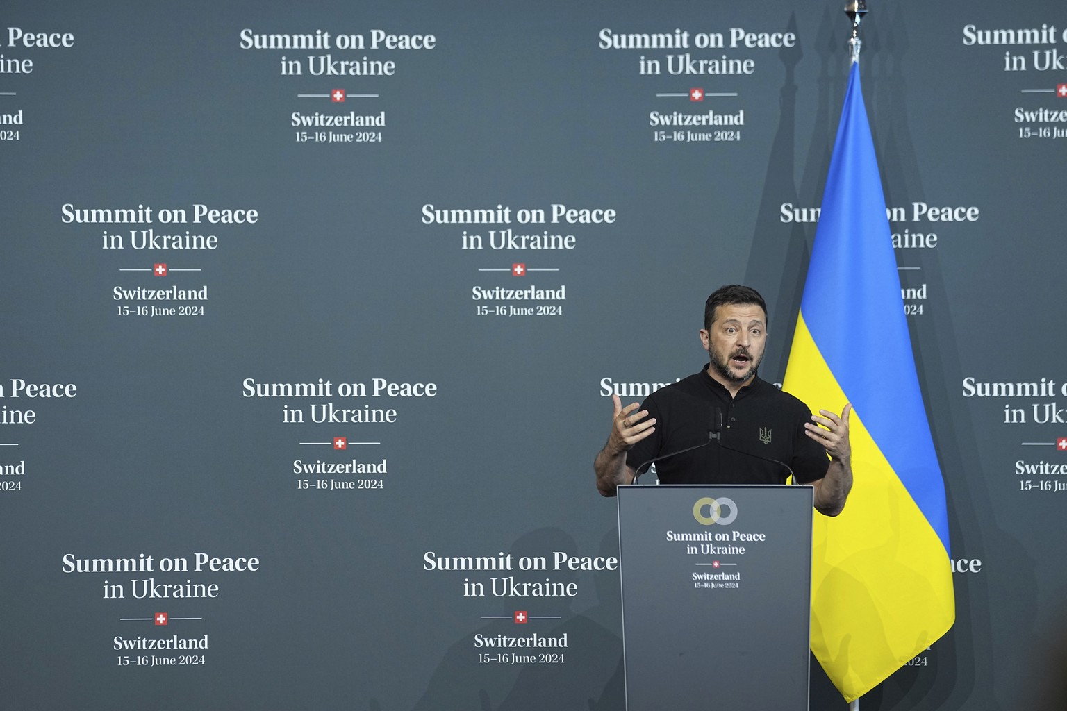 Ukraine&#039;s President Volodymyr Zelenskyy speaks during a press conference at the Ukraine peace summit in Obb�rgen, Switzerland, Sunday, June 16, 2024. Switzerland is hosting scores of world leader ...