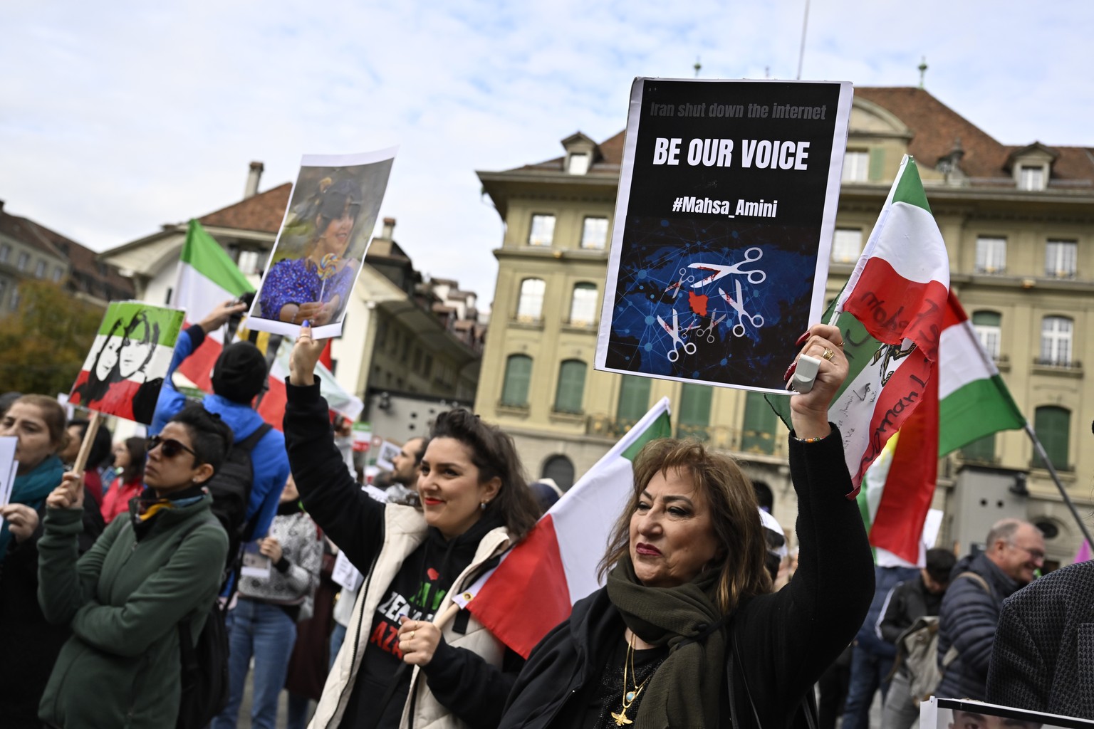Protesters take part in a freedom rally for Iranian Women on the Federal Square (Bundesplatz) in Bern, Switzerland, on Saturday, November 5, 2022. After the death of Mahsa Amini the Iranian people, es ...