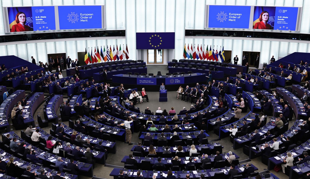 epa12974134 Moldovan President Maia Sandu speaks during the ceremony of conferral of the European Order of Merit at the European Parliament in Strasbourg, France, 19 May 2026. This is the first Europe ...