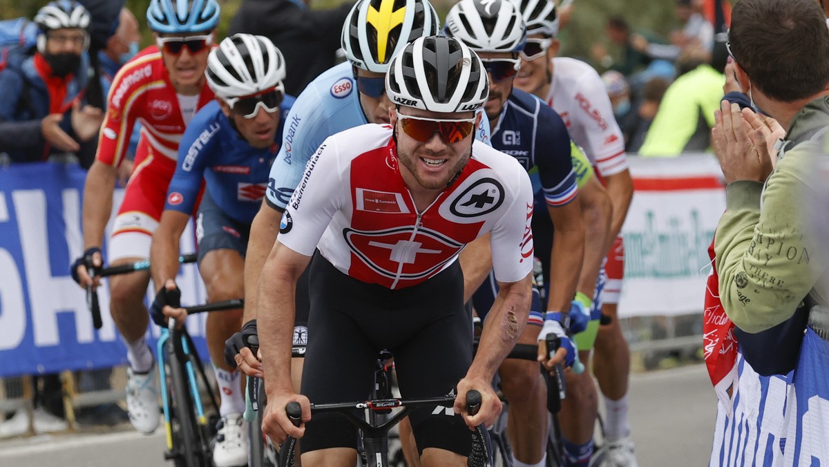 Switzerland's Marc Hirschi leads during the men's elite event, at the road cycling World Championships, in Imola, Italy, Sunday, Sept. 27, 2020. (Luca Bettini/Pool Photo via AP)