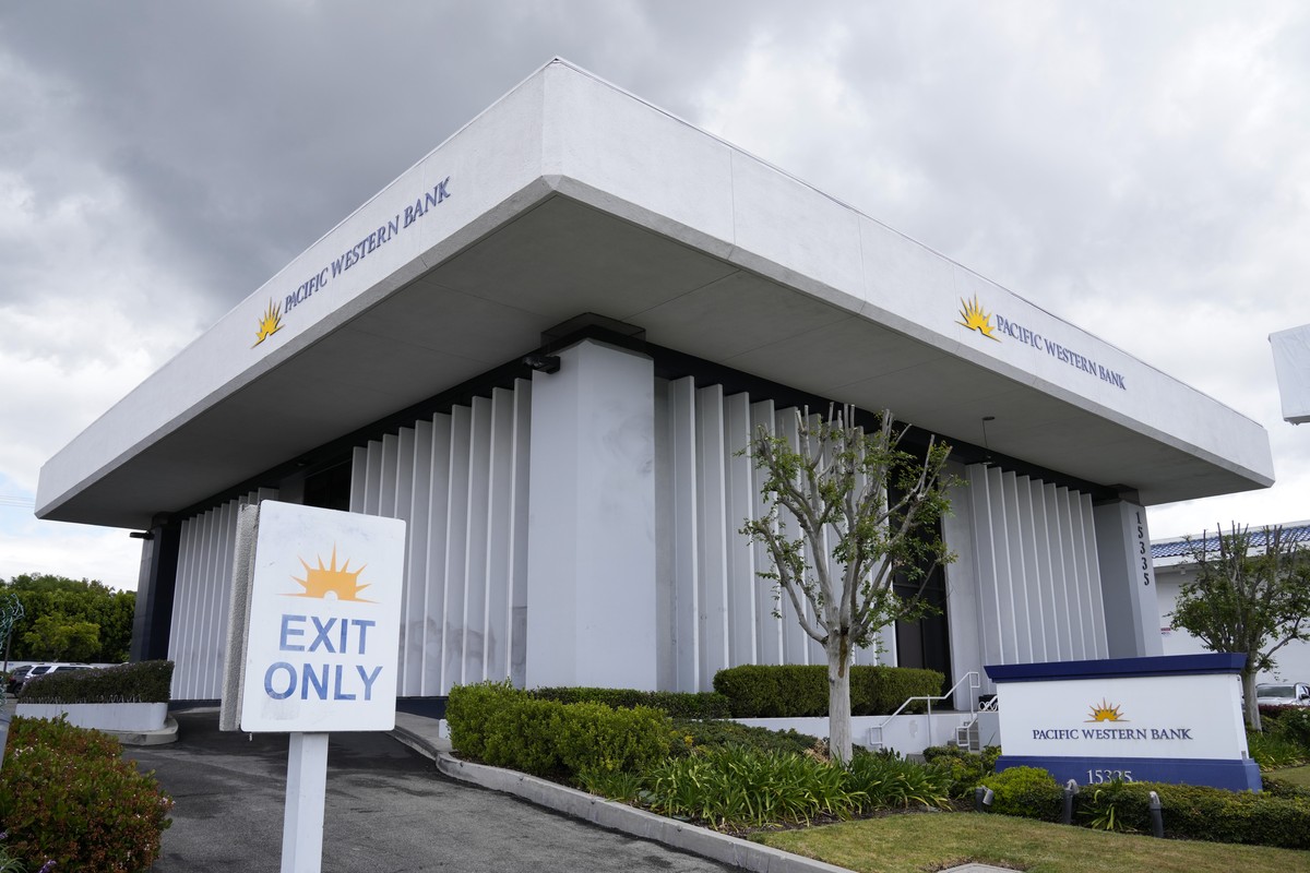 A Pacific Western Bank branch, as seen on Thursday, May 4, 2023, in Whittier, Calif. Shares of small regional lender PacWest Bank plunged nearly 50% Thursday after the company confirmed reports that i ...