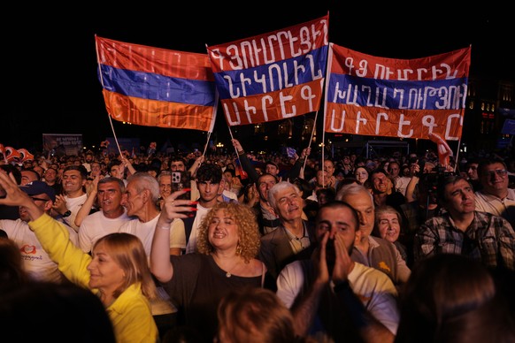 Supporters of Armenia's ruling Civil Contract party led by Prime Minister Nikol Pashinyan gather in Republic Square in Yerevan, Armenia, Friday, June 5, 2026, for the party's final campaign  ...