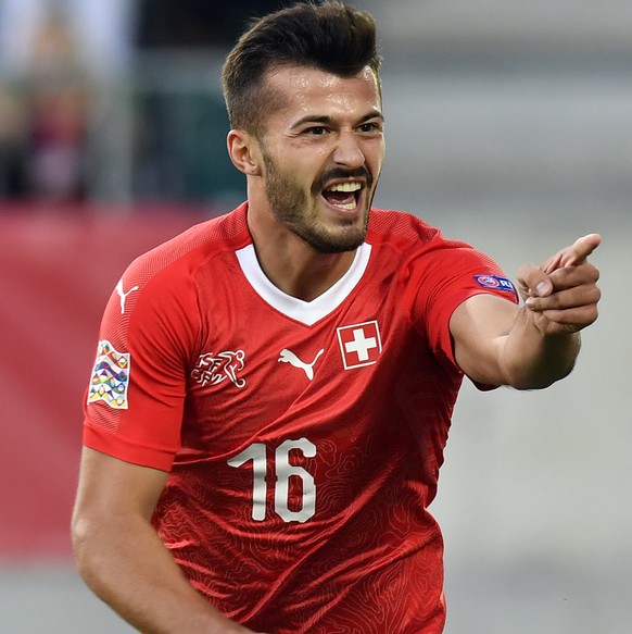 Switzerland&#039;s Albian AJeti celebrates after the fift goal during the UEFA Nations League group stage match between Switzerland and Iceland in the Kybunpark stadium in St. Gallen, Switzerland, on  ...