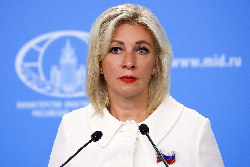 In this photo released by the Russian Foreign Ministry Press Service, Russian Foreign Ministry&#039;s spokeswoman Maria Zakharova speaks in Moscow, Russia, Thursday, July 21, 2022. Zakharova on Thursd ...
