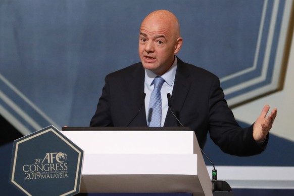 FIFA President Gianni Infantino speaks during the 29th AFC Congress in Kuala Lumpur, Malaysia, Saturday, April 6, 2019. The Asian Football Confederation holds its presidential election on Saturday. (A ...