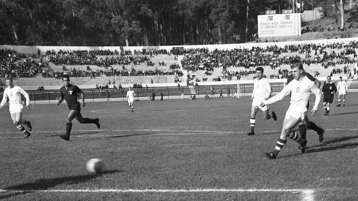 Czechoslovakian forward Vaclav Masek, right, shoots to score the fastest goal of the Football World Cup, after 40 seconds play, during the match against Mexico, in Vina Del Mar, on June 7, 1962. Czech ...