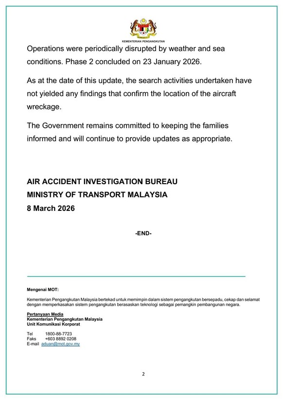 Medienmitteilung des malaysischen Transportministeriums zum Abbruch der MH370-Suche durch Ocean Infinity (8. März 2026).