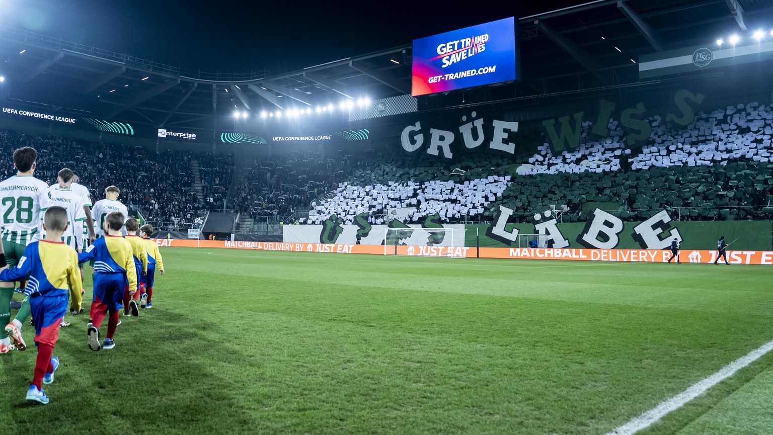 St.Gallen&#039;s supporters are seen when the players are entering the field before the UEFA Conference League soccer match between Switzerland&#039;s FC St. Gallen and Portugal&#039;s Vitoria Guimara ...