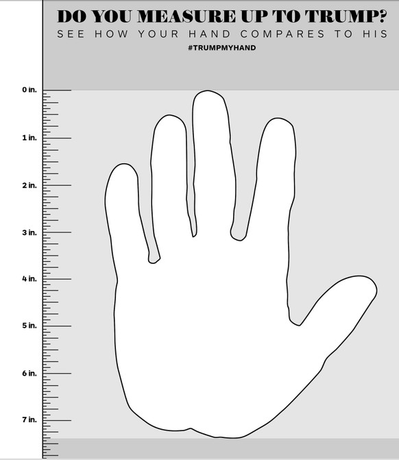 Trumps Hände sind 18,415 cm gross (7,44 inches). Wie gross sind deine? Der amerikanische Durchschnitt liegt bei 18,8976 Zentimetern. 