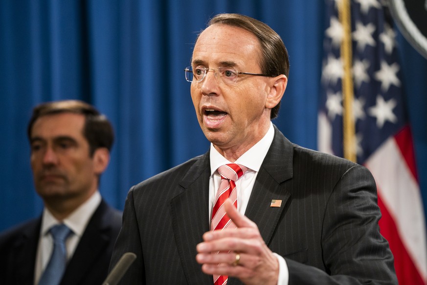 epa06886235 US Deputy Attorney General Rod Rosenstein announces that the Justice Department is indicting 12 Russian military officers for hacking Democratic emails during the 2016 presidential electio ...