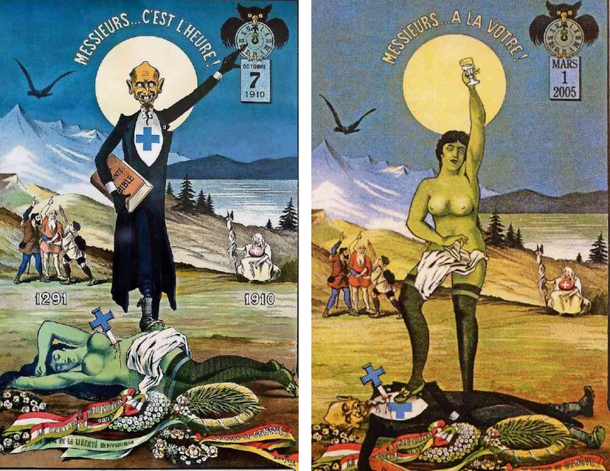 Auferstehung der grünen Fee, Niederlage des Blauen Kreuzes: Interpretation durch Karikaturisten im Abstand von 95 Jahren.