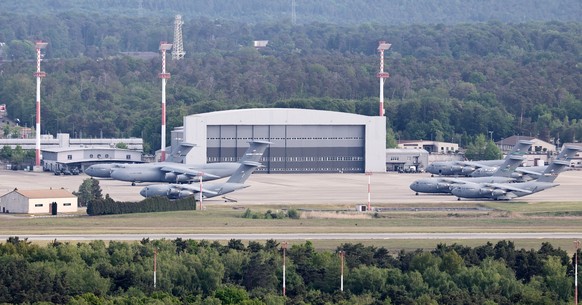 epa12931233 US Air Force aircraft stand in park position at the Ramstein Air Base, headquarters of the US Air Forces in Europe, near Landstuhl, Germany, 04 May 2026. The US Defence Department announce ...