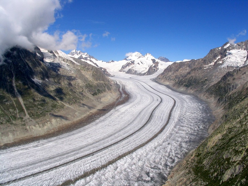 Großer Aletschgletscher (Berner Alpen), vom Eggishorn (2.927 m) aus, im Hintergrund Jungfrau (4.158 m), Jungfraujoch (3.454 m), Mönch (4.099 m), Trugberg und Eiger (3.970 m)wiki