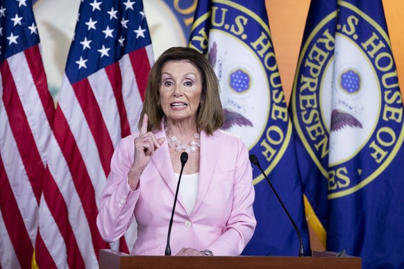 epa07837864 US Speaker of the House Democrat Nancy Pelosi holds a news conference during which she faced questions on the House Judiciary Committee, on Capitol Hill in Washington, DC, USA, 12 Septembe ...