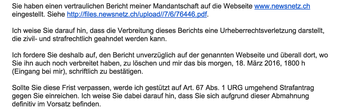 Email von Anwalt Andreas Meili an Dominik Feusi.
