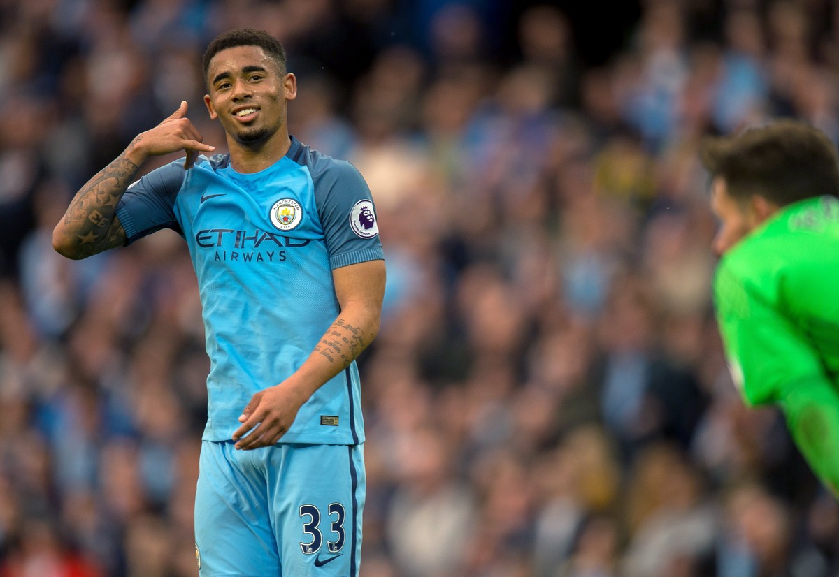 epa05968403 Manchester City's Gabriel Jesus celebrates scoring the opening goal during the English Premier League soccer match between Manchester City and West Bromwich Albion held at the Etihad  ...