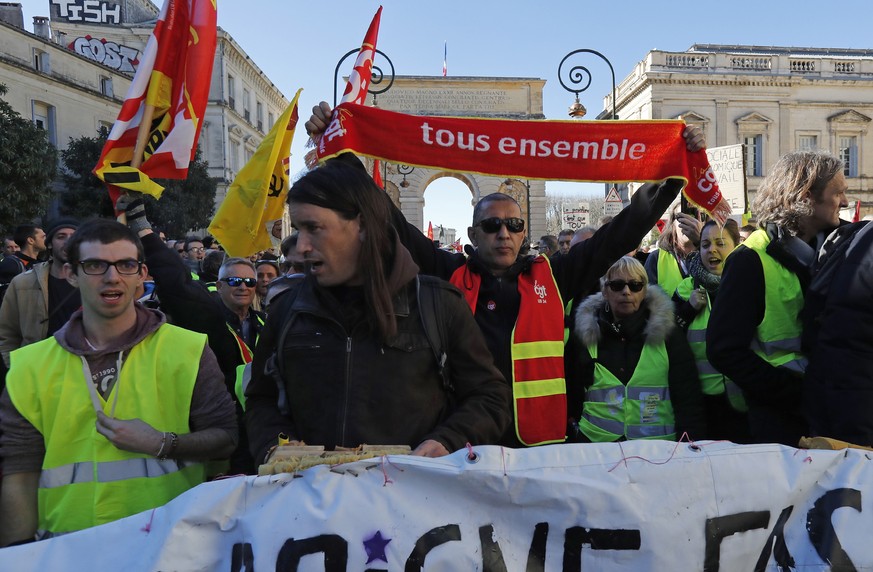 epa07345631 Protestors attend a nationwide general strike in Montpellier, France, 05 February 2019. French labor union General Confederation of Labor (CGT) called for a nationwide general strike in th ...