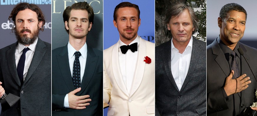 FILE PHOTO: Best actor Oscar nominees for the 89th annual Academy Awards (L-R) Casey Affleck, Andrew Garfield, Ryan Gosling, Viggo Mortensen and Denzel Washington are seen in a combination of file pho ...