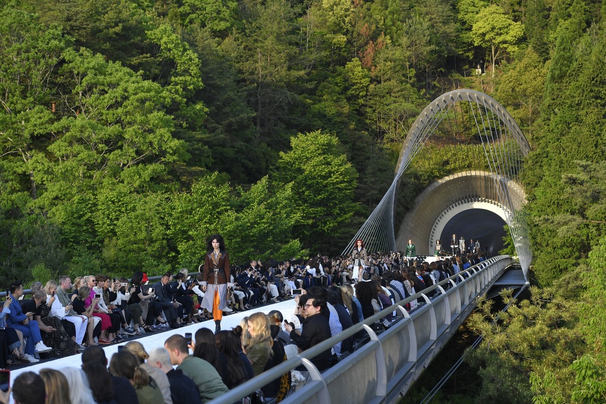 Models showcases the design on runway during the Louis Vuitton Resort 2018 show at the Miho Museum on May 14, 2017 in Koka, Japan.