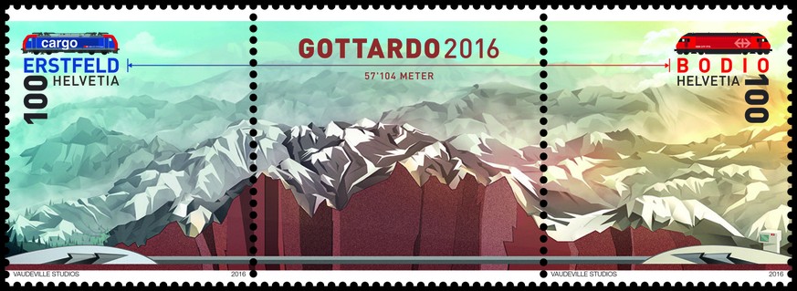 Identitätsfelsen auf der Briefmarke: Die Sonderbriefmarke «Gottardo 2016»&nbsp;zur Eröffnung des Basis-Gotthardtunnels ist mit echtem, pulverisiertem Gotthardgestein bedruckt.&nbsp;