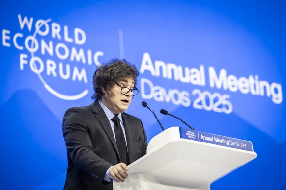 epa11847135 President of Argentina Javier Milei speaks during a panel session at the 55th annual meeting of the World Economic Forum (WEF), in Davos, Switzerland, 23 January 2025. EPA/MICHAEL BUHOLZER
