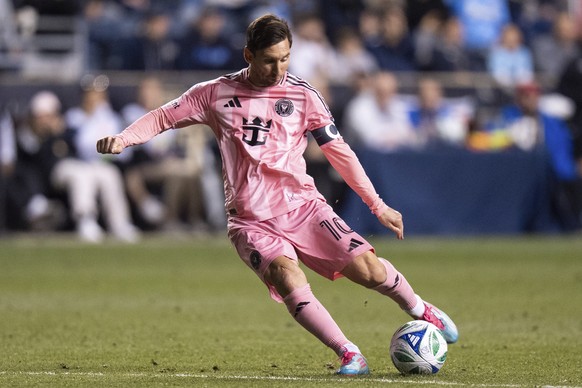 FILE - Inter Miami&#039;s Lionel Messi kicks the free kick for a goal during an MLS soccer match against the Philadelphia Union, Saturday, May 24, 2025, in Chester, Pa.. (AP Photo/Chris Szagola, File) ...