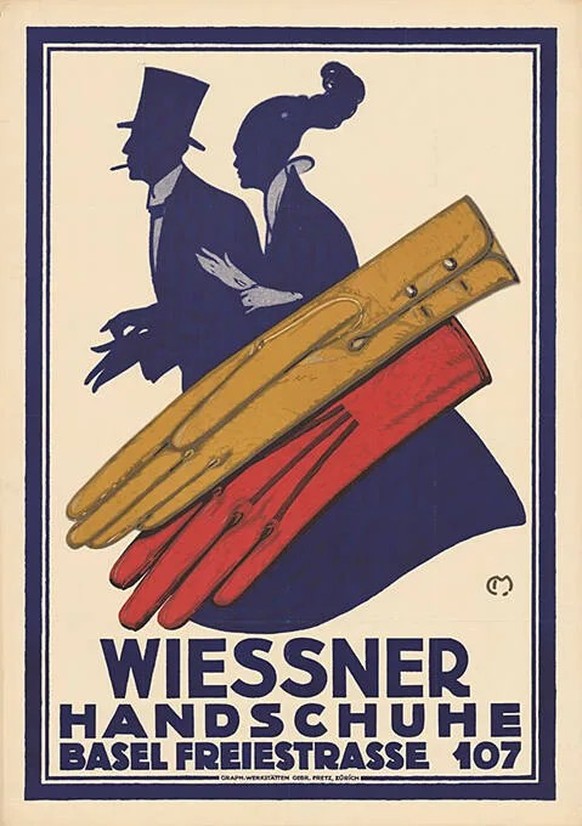 Plakat der Firma Wiessner aus dem Jahr 1917 für eine Zweigniederlassung in Basel.
https://www.recherche-plakatsammlungbasel.ch/objects/47952/wiessner-handschuhe-basel-freistrasse-107?ctx=c27dde06afbd3 ...