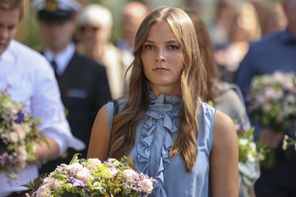 epa09358154 Norway's Princess Ingrid Alexandra attends a memorial service for the victims of the 2011 terrorist attacks, on Utoya, outside Oslo, Norway, 22 July 2021. Norway is commemorating the  ...