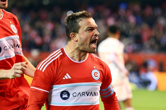 MLS, Fussball Herren, USA FC Cincinnati at Chicago Fire FC Mar 2, 2024 Chicago, Illinois, USA Chicago Fire FC midfielder Xherdan Shaqiri 10 reacts after scoring a goal in the first half against the FC ...