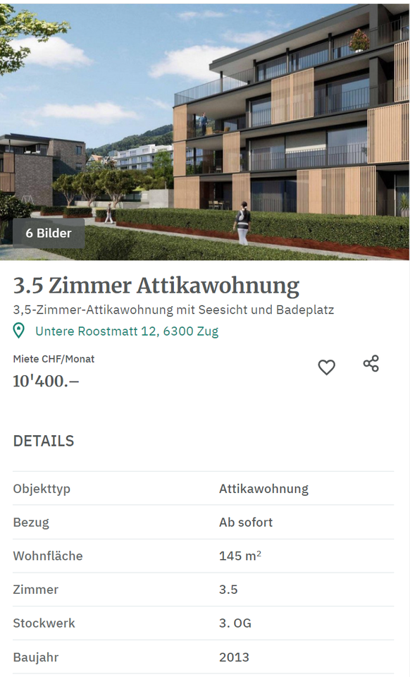 Housing shortage in Zug series, example of an expensive 3.5-room apartment