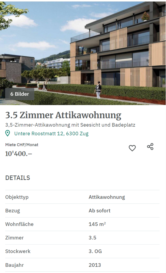 Wohnungsnot in Zug Serie, Beispiel für eine teure 3,5-Zimmer-Wohnung