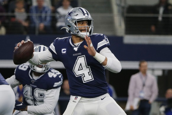 FILE - In this Dec. 15, 2019, file photo, Dallas Cowboys quarterback Dak Prescott (4) looks to throw in the first quarter of an NFL football game against the Los Angeles Rams in Arlington, Texas. Dall ...