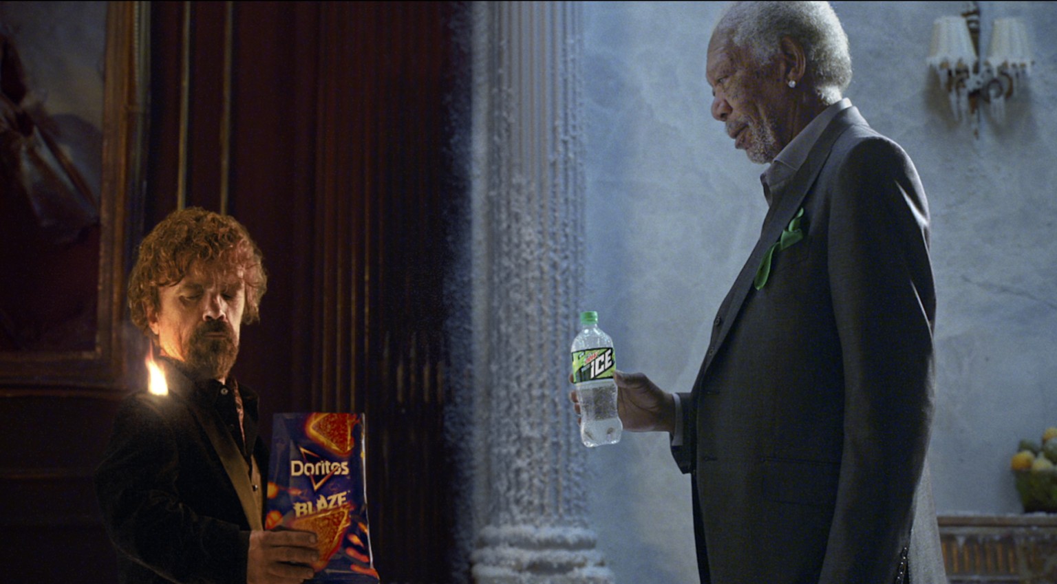 This photo provided by PepsiCo shows Peter Dinklage and Morgan Freeman in a scene from the company&#039;s linked Doritos Blaze and Mountain Dew Ice Super Bowl spots. For the 2018 Super Bowl, marketers ...