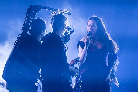 Switzerland's Zoe Me performs the song "Voyage" during the final at the 69th Eurovision Song Contest in Basel, Switzerland, on Saturday, May 17, 2025. (KEYSTONE/Georgios Kefalas)