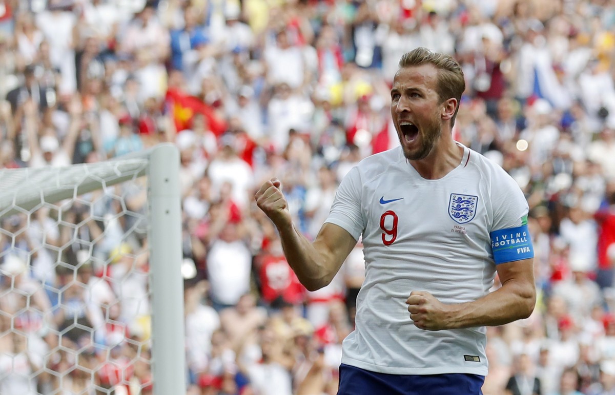 England's Harry Kane celebrates after he scored his side's second goal during the group G match between England and Panama at the 2018 soccer World Cup at the Nizhny Novgorod Stadium in Nizh ...