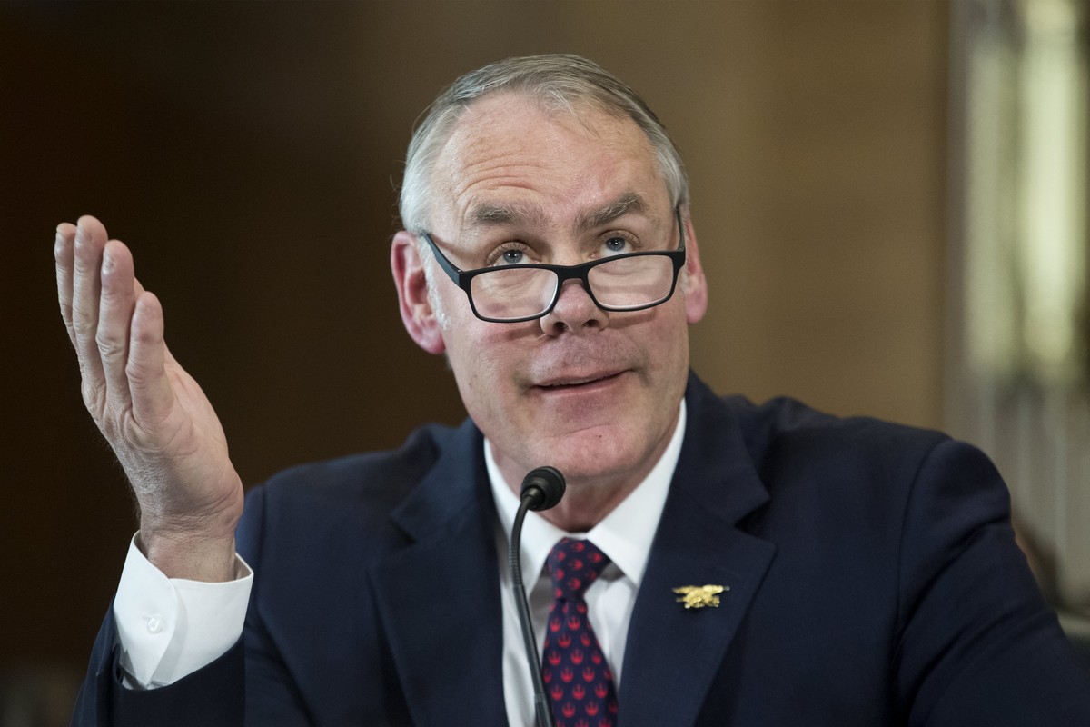 epa06601199 US Interior Secretary Ryan Zinke testifies at the Senate Energy and Natural Resources Committee hearing on US President Donald J. Trump's proposed FY2019 budget for the Interior Depar ...