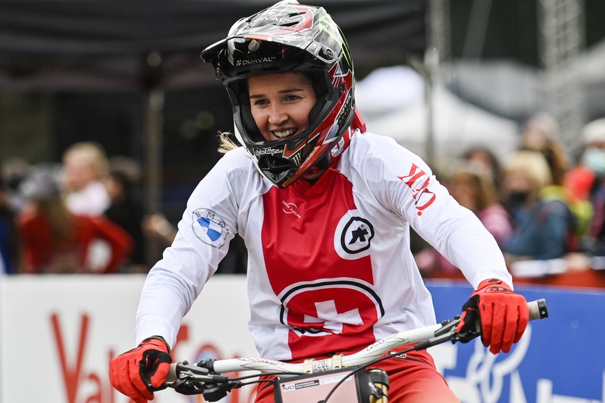 Silver medalist Camille Balanche of Switzerland reacts during the Women&#039;s Downhill race at the UCI mountain bike world championships, on Sunday, August 29, 2021, in Val di Sole, Italy. (KEYSTONE/ ...