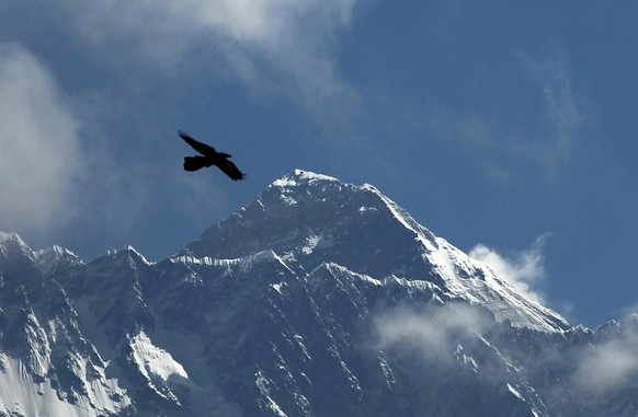 FILE - A bird flies with Mount Everest seen in the background from Namche Bajar, Solukhumbu district, Nepal, May 27, 2019. As the mountaineering community prepare to celebrate the 70 anniversary of th ...