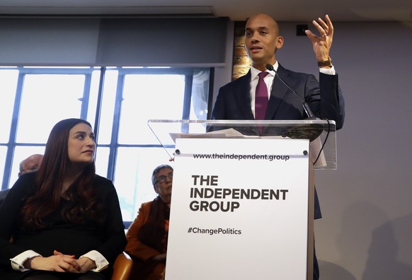 Chaka Umunna speaks alongside Luciana Berger during a press conference to announce the new political party, The Independent Group, in London, Monday, Feb. 18, 2019. Seven British Members of Parliament ...