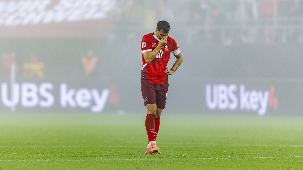 Switzerland's Granit Xhaka reacts during the UEFA Nations League Group D soccer match between Switzerland and Denmark, on Tuesday, October 15, 2024, at the kybunpark stadium, in St. Gallen, Switz ...