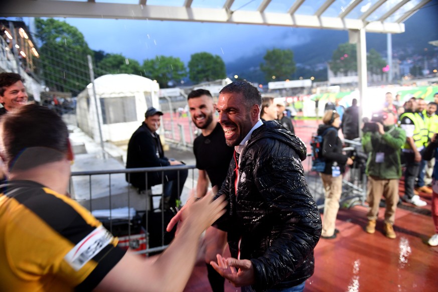 Lugano&#039;s coach Fabio Celestini celebrates the Europa League qualification after the Super League soccer match FC Lugano against Graashoper Club Zuerich, at the Cornaredo stadium in Lugano, Saturd ...