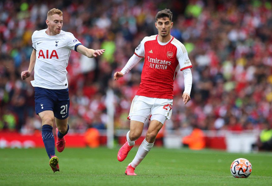 Arsenal v Tottenham Hotspur, London, UK - 24 Sep 2023 Kai Havertz of Arsenal is pressured by Dejan Kulusevski of Tottenham Hotspur during the Premier League match between Arsenal and Tottenham Hotspur ...