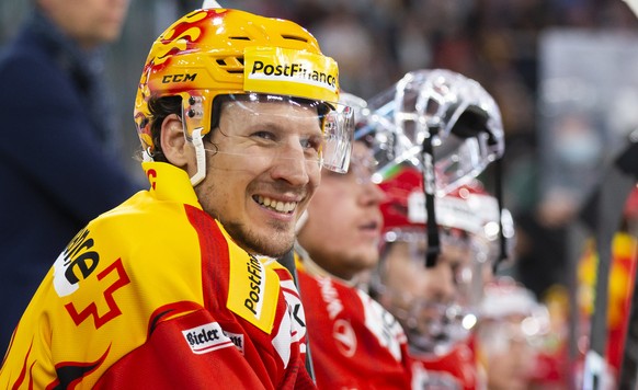 Der Bieler PostFinance Top Scorer Damien Brunner im Eishockey Meisterschaftsspiel der National League zwischen EHC Biel und HC Davos, am Samstag, 18. September 2021, in der Tissot Arena in Biel. (Post ...